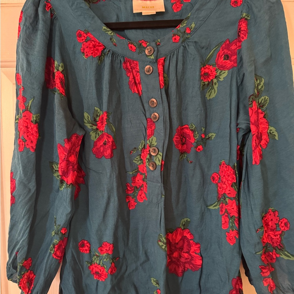 Anthropologie Maeve Kalas Floral Blouse Womens Teal Red size Large